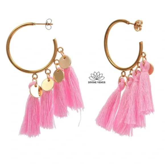 Pink Tassel Hoop Earrings | Gold Plated Stainless Steel | - Picture 2 of 4